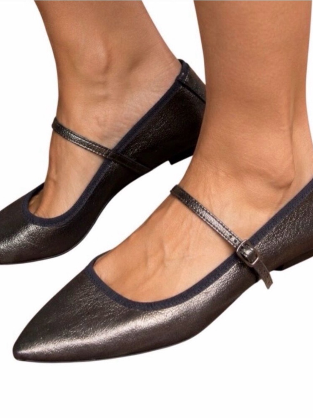 Maypol Metallic Bronze Leather Mary Jane Flats with Buckle Strap